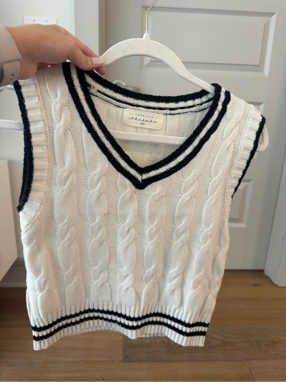 American Threads Cable Knit V-Neck Sweater Vest with Black Trim